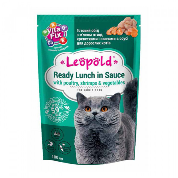 Леопольд Готовий обід для дорослих котів з м'ясом птиці і креветками з овочами в соусі фото
