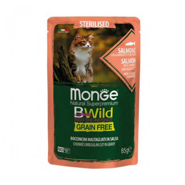 Monge Cat Wet Bwild Grain Free Sterilised консерва для стерилизованных котов с лососем и креветкой фото