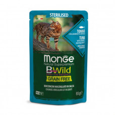 Monge Cat Wet Bwild Grain Free Sterilised консерва для стерилизованных котов с тунцом и креветкой (кусочки в соусе)