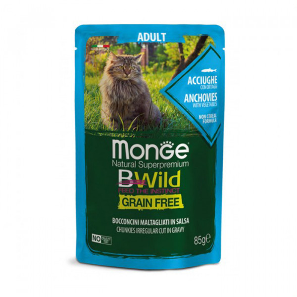 Monge Cat Wet Bwild Grain Free консерва для котів, анчоус з овочами (шматочки в соусі) фото