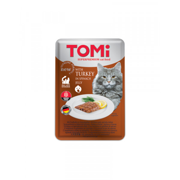 TOMi TURKEY in spinach jelly консерва для котів з індичкою в шпинатному желе фото