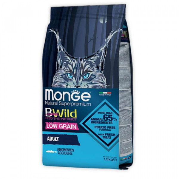 Monge Bwild Low Grain Anchovies Adult Cat сухий низькозерновий корм з анчоусами для дорослих котів фото