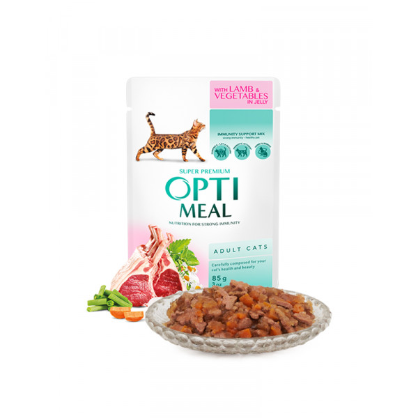 OptiMeal Влажный корм для взрослых кошек с ягненком и овощами в желе фото