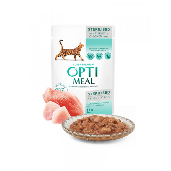 OptiMeal Влажный корм для стерилизованных кошек и кастрированных котов с индейкой и куриным филе в соусе фото