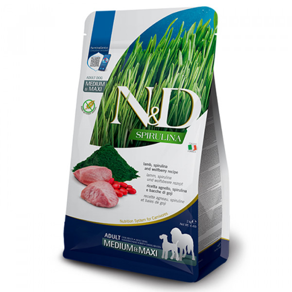 Farmina N&D Spirulina Lamb Adult Medium&Maxi сухой корм для собак середніх та великих порід з ягням та ягодами годжі фото