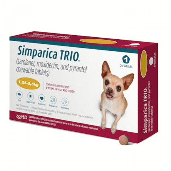 Simparica TRIO - Противопаразитарные жевательные таблетки от блох, гельминтов и клещей для собак весом от 1.25 до 2.5 кг фото