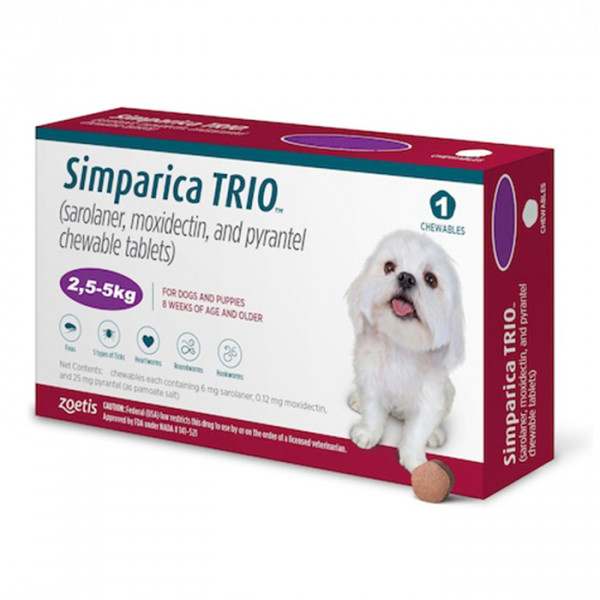 Simparica TRIO - Противопаразитарные жевательные таблетки от блох, гельминтов и клещей для собак весом от 2.5 до 5 кг фото