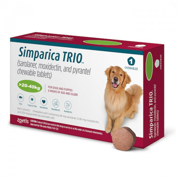 Simparica TRIO - Протипаразитарні жувальні таблетки від бліх, гельмінтів та кліщів для собак вагою від 20 до 40 кг фото