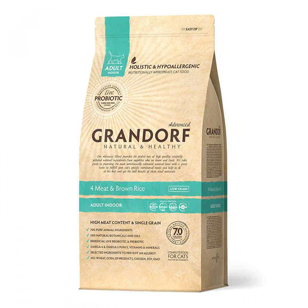 Grandorf Living Probiotics 4 Meat&Brown Rice Indoor - Грандорф Сухой корм с 4 видами мяса и рисом для взрослых, домашних котов фото