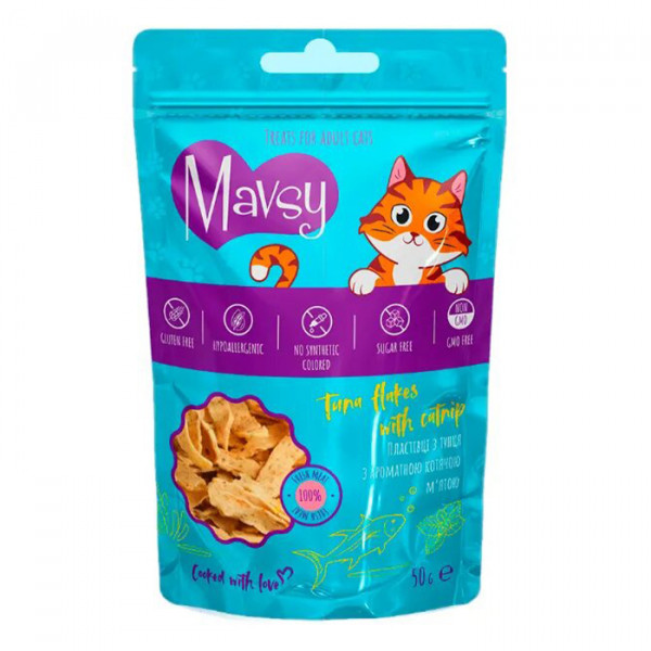 Mavsy Tuna Flakes with catnip for adult cats Лакомство для кошек хлопья с тунцом и ароматной кошачьей мятой фото