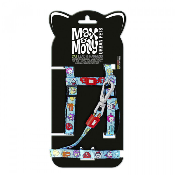 Max & Molly Cat Harness/Leash Set Little Monster Набір шлейки та повідця для котів, малюнок "Маленькі монстри" фото