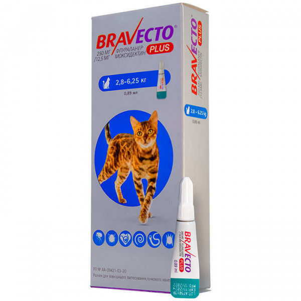 Bravecto Plus (Бравекто Плюс) Противопаразитарные капли на холку от блох, клещей и глистов для котов весом 2,8 - 6,25 кг фото