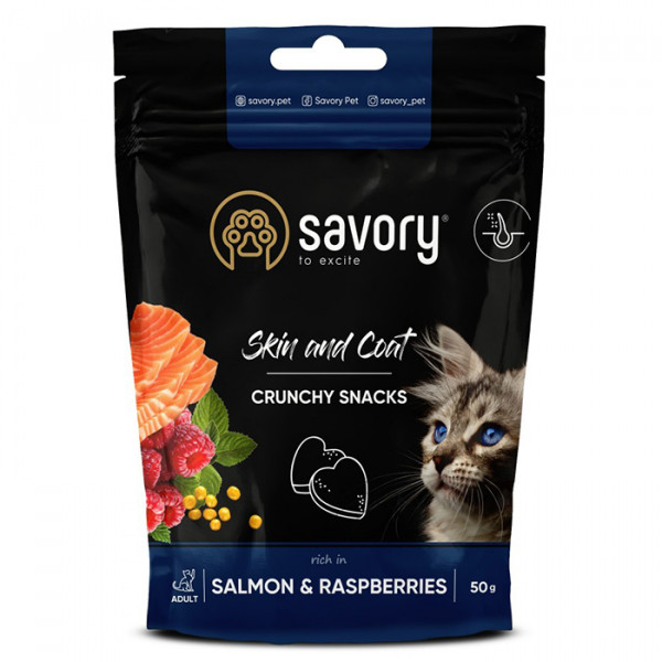 Savory Skin & Coat Crunchy Snack Salmon & Raspberries Хрустящие подушечки с лососем и малиной для здоровья кожи и шерсти кошек фото