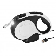 AnimAll Поводок-Рулетка с LED-фонариком для собак весом до 25 кг, 5 м, бело-черная